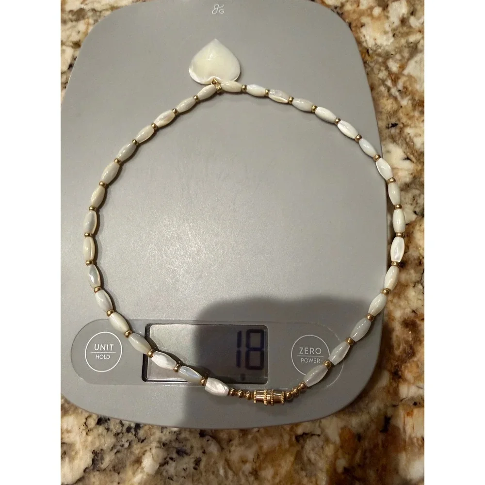 Vintage Mother of Pearl Heart Pendant Necklace Rice Bead Gold Tone 16.5 Inch